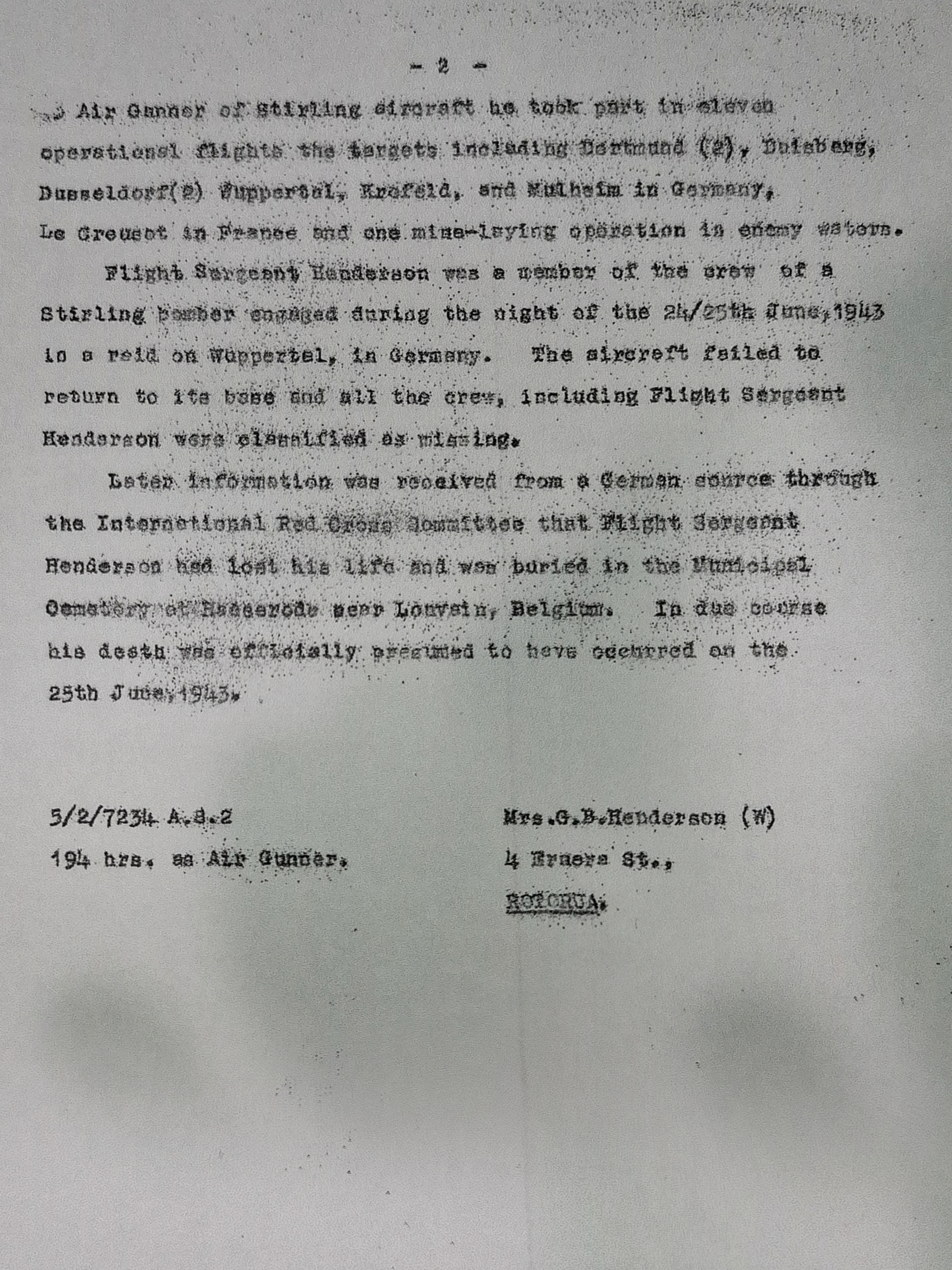 Bio- Flt. Sgt. Gordon Henderson written by his wife Mrs G.B. Henderson Page 2.