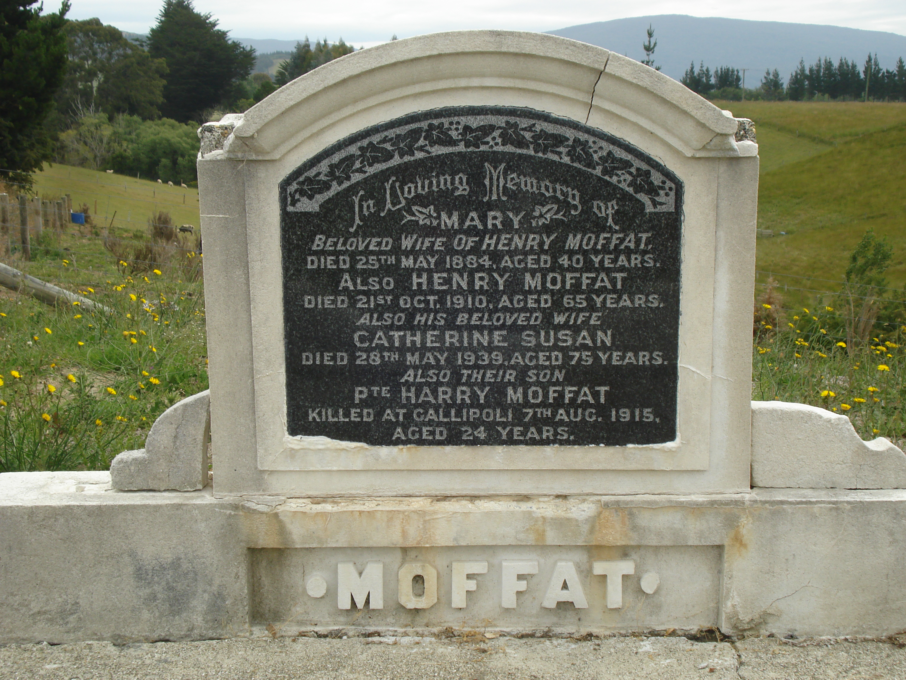 Harry is named on his parents' gravestone in Otautau's Old Cemetery